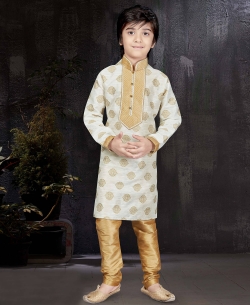Cream Banarasi Jacquard Embroidery Boys Kurta Pajama