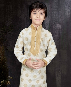 Cream Banarasi Jacquard Embroidery Boys Kurta Pajama