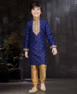 Navy Blue Banarasi Jacquard Embroidery Boys Kurta Pajama