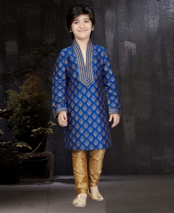 Royal Blue Printed Art Dupion Embroidery Boys Kurta Pajama