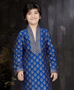 Royal Blue Printed Art Dupion Embroidery Boys Kurta Pajama