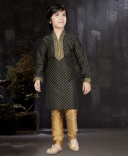 Black Printed Art Dupion Embroidery Boys Kurta Pajama
