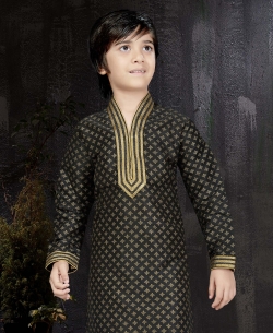 Black Printed Art Dupion Embroidery Boys Kurta Pajama