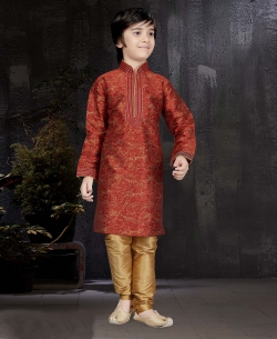 Maroon Printed Art Dupion Embroidery Boys Kurta Pajama