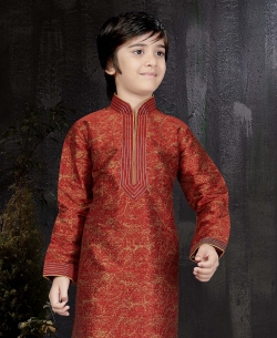 Maroon Printed Art Dupion Embroidery Boys Kurta Pajama