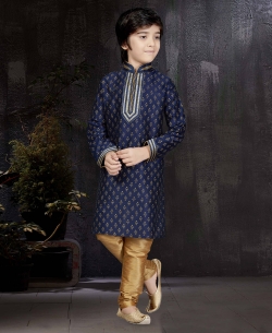 Navy Blue Printed Art Dupion Embroidery Boys Kurta Pajama