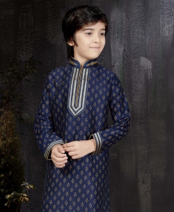Navy Blue Printed Art Dupion Embroidery Boys Kurta Pajama