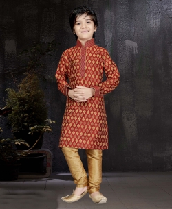 Maroon Printed Art Dupion Embroidery Boys Kurta Pajama