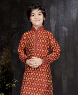 Maroon Printed Art Dupion Embroidery Boys Kurta Pajama