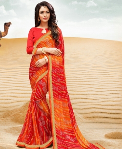 Red And Orange Georgette Printed Bhandej, Lace Border Border Sarees
