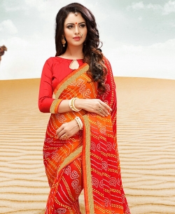 Red And Orange Georgette Printed Bhandej, Lace Border Border Sarees