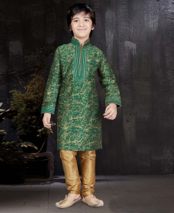 Green Printed Art Dupion Embroidery Boys Kurta Pajama