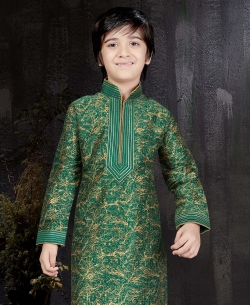 Green Printed Art Dupion Embroidery Boys Kurta Pajama