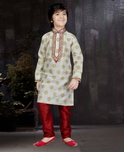 Cream Banarasi Jacquard Embroidery Boys Kurta Pajama