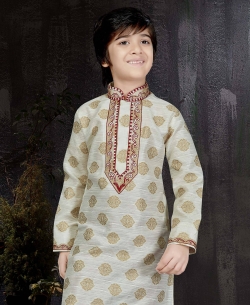 Cream Banarasi Jacquard Embroidery Boys Kurta Pajama