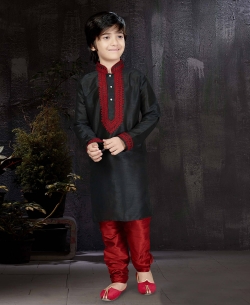 Black Art Dupion Embroidery Boys Kurta Pajama