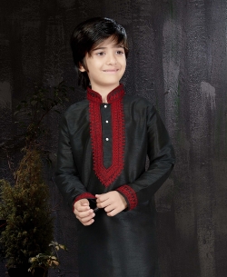 Black Art Dupion Embroidery Boys Kurta Pajama