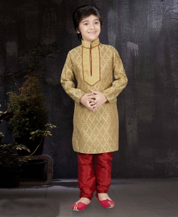 Dark Gold Banarasi Jacquard Embroidery Boys Kurta Pajama