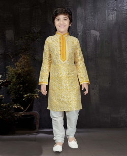 Light Gold Printed Printed Art Dupion Embroidery Boys Kurta Pajama