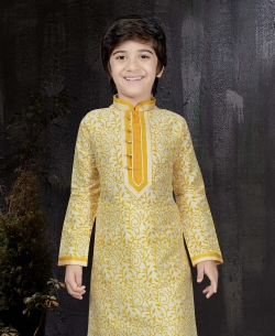 Light Gold Printed Printed Art Dupion Embroidery Boys Kurta Pajama