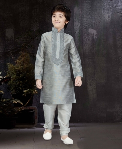 Grey Giccha Silk Embroidery Boys Kurta Pajama