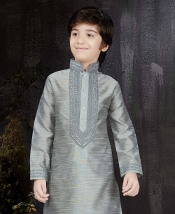 Grey Giccha Silk Embroidery Boys Kurta Pajama