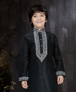Black Art Dupion Embroidery Boys Kurta Pajama