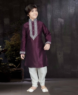 Wine Art Dupion Embroidery Boys Kurta Pajama