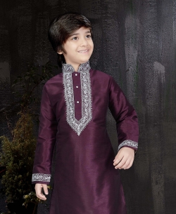 Wine Art Dupion Embroidery Boys Kurta Pajama