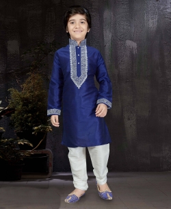 Royal Blue Art Dupion Embroidery Boys Kurta Pajama