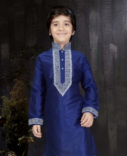 Royal Blue Art Dupion Embroidery Boys Kurta Pajama