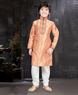 Peach Pure Banarasi Silk Floral Design Boys Kurta Pajama