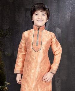 Peach Pure Banarasi Silk Floral Design Boys Kurta Pajama