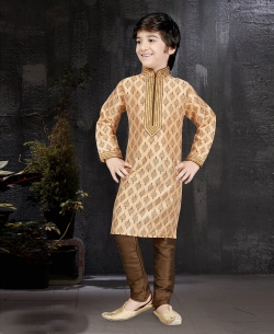 Peach Printed Art Dupion Floral Design Boys Kurta Pajama
