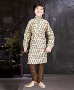 Lemon Printed Art Dupion Floral Design Boys Kurta Pajama