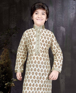 Lemon Printed Art Dupion Floral Design Boys Kurta Pajama