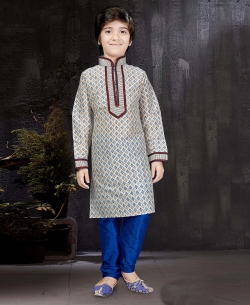 Off White Printed Art Dupion Printed Boys Kurta Pajama