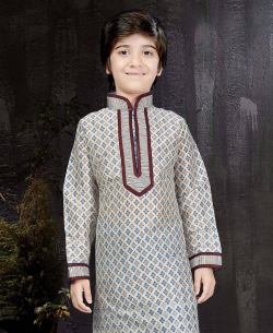 Off White Printed Art Dupion Printed Boys Kurta Pajama