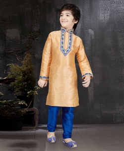 Peach Banarsi Jacquard Plain Boys Kurta Pajama