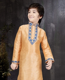 Peach Banarsi Jacquard Plain Boys Kurta Pajama