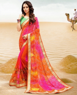 Multi Georgette Printed Bhandej, Lace Border Border Sarees