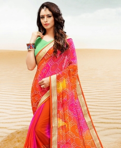 Multi Georgette Printed Bhandej, Lace Border Border Sarees