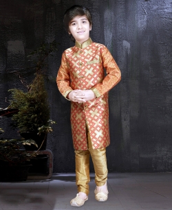 Chikkoo With Carrot Banarasi Jacquard Printed Boys Kurta Pajama