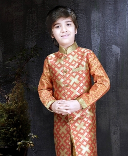 Chikkoo With Carrot Banarasi Jacquard Printed Boys Kurta Pajama