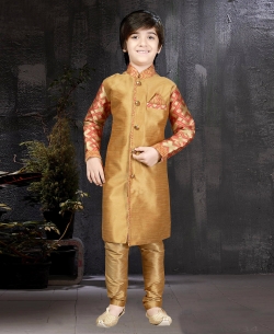 Chikkoo Art Dupion With Banarasi Jaquard Plain Boys Kurta Pajama