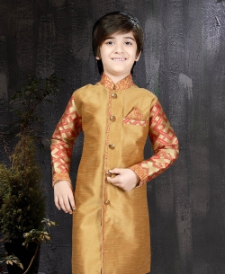 Chikkoo Art Dupion With Banarasi Jaquard Plain Boys Kurta Pajama