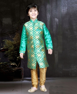 Chikkoo With Pista Banarasi Jacquard Printed Boys Kurta Pajama