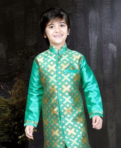 Chikkoo With Pista Banarasi Jacquard Printed Boys Kurta Pajama