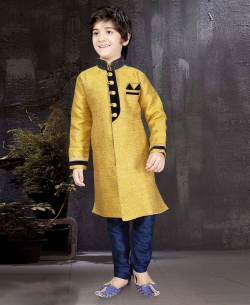 Yellow Banarasi Jacquard Plain Boys Kurta Pajama