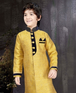 Yellow Banarasi Jacquard Plain Boys Kurta Pajama